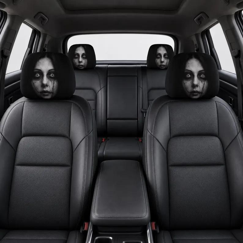 Creepy Possessed Girl Car Headrest Cover (1pc), Scary Ghost Face Auto Seat Decor, Halloween Car Interior Accessory, Gothic Car Gift