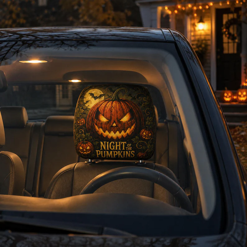 Classic Spooky Halloween Headrest Cover (1pc), Witch Pumpkin Ghost Skeleton Car Decor