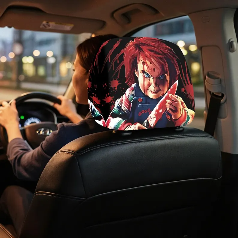 Killer Doll Car Headrest Protector (1pc), Horror Themed Auto Seat Accessory for Halloween