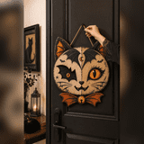 Wooden Sign Hanger Bat Wing Cat Wooden Front Door Decor for Halloween Gothic Home