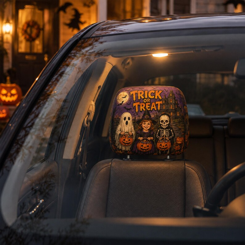Classic Spooky Halloween Headrest Cover (1pc), Witch Pumpkin Ghost Skeleton Car Decor