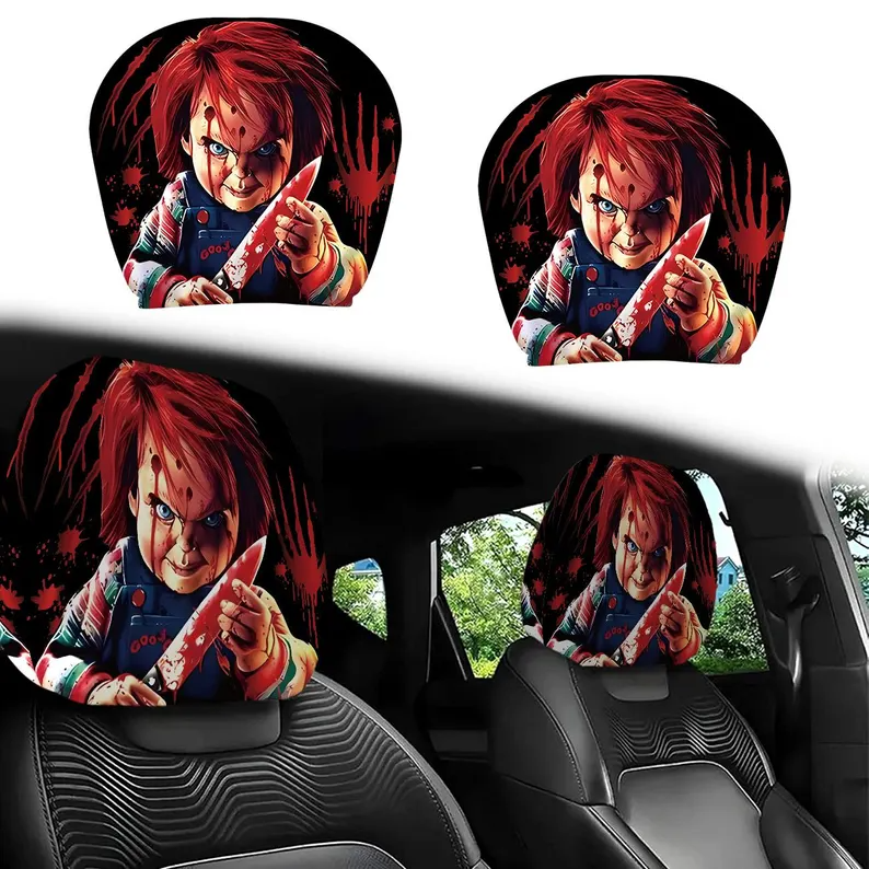 Killer Doll Car Headrest Protector (1pc), Horror Themed Auto Seat Accessory for Halloween