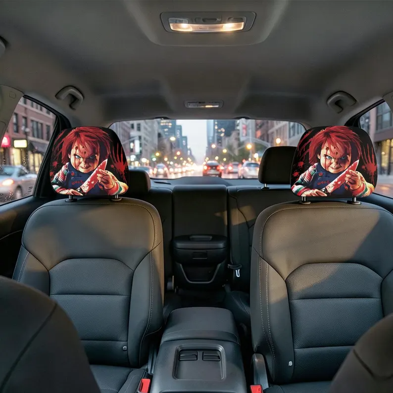 Killer Doll Car Headrest Protector (1pc), Horror Themed Auto Seat Accessory for Halloween
