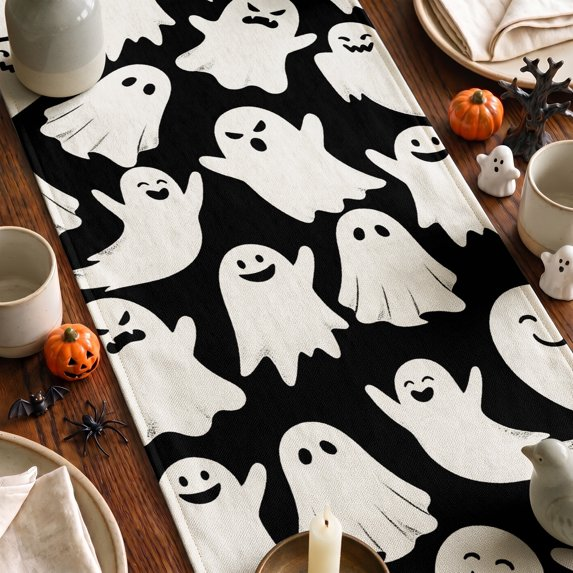 White Ghost Halloween Table Runner, Seasonal Fall Kitchen Dining Table Decoration for Home Party Decor, Black