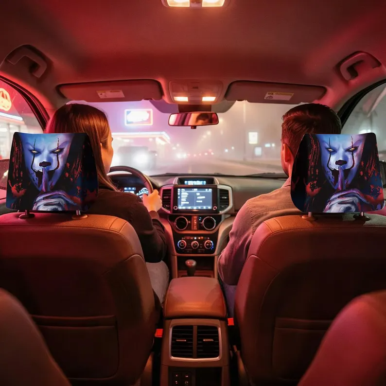 Scary Clown Car Headrest Protector (1pc), Horror Themed Auto Seat Accessory for Halloween (Copy)