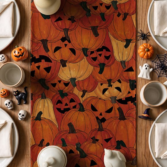 Caramel Pumpkin & Ghost Halloween Table Runner, Halloween Fall Party Kitchen Dining Indoor Outdoor Decorations