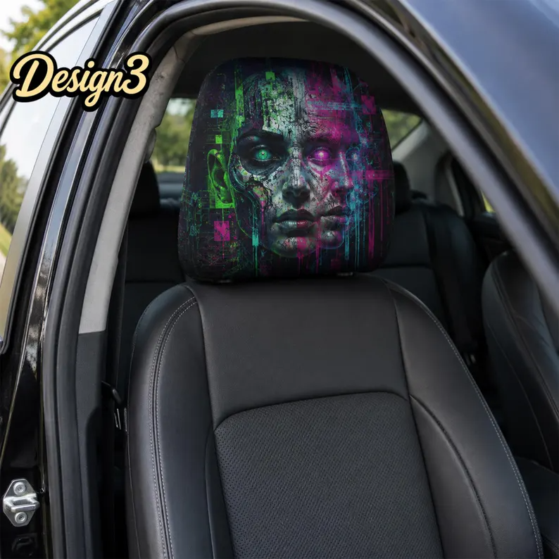 Cyberpunk Horror Car Headrest Cover (1pc), Neon Glitch Halloween Auto Decor, Ghost Face Pumpkin Skull Seat Cover