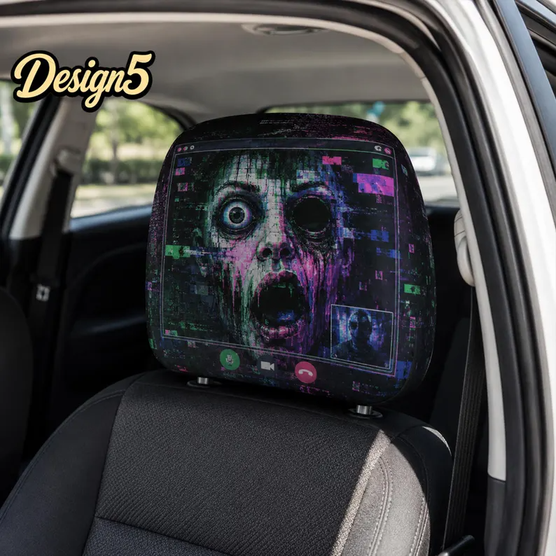 Cyberpunk Horror Car Headrest Cover (1pc), Neon Glitch Halloween Auto Decor, Ghost Face Pumpkin Skull Seat Cover