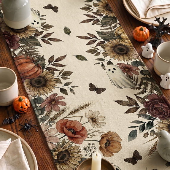Jack-O'-Lantern Ghost Floral Halloween Table Runner, Halloween Party Kitchen Dining Indoor Outdoor Decorations