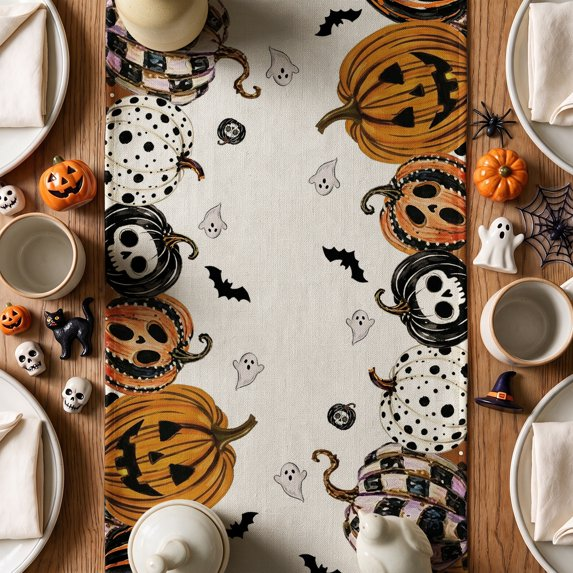 Mexican Skull Pumpkins Ghost Halloween Table Runner, Day of the Dead Kitchen Dining Table Decoration for Home Party Decor