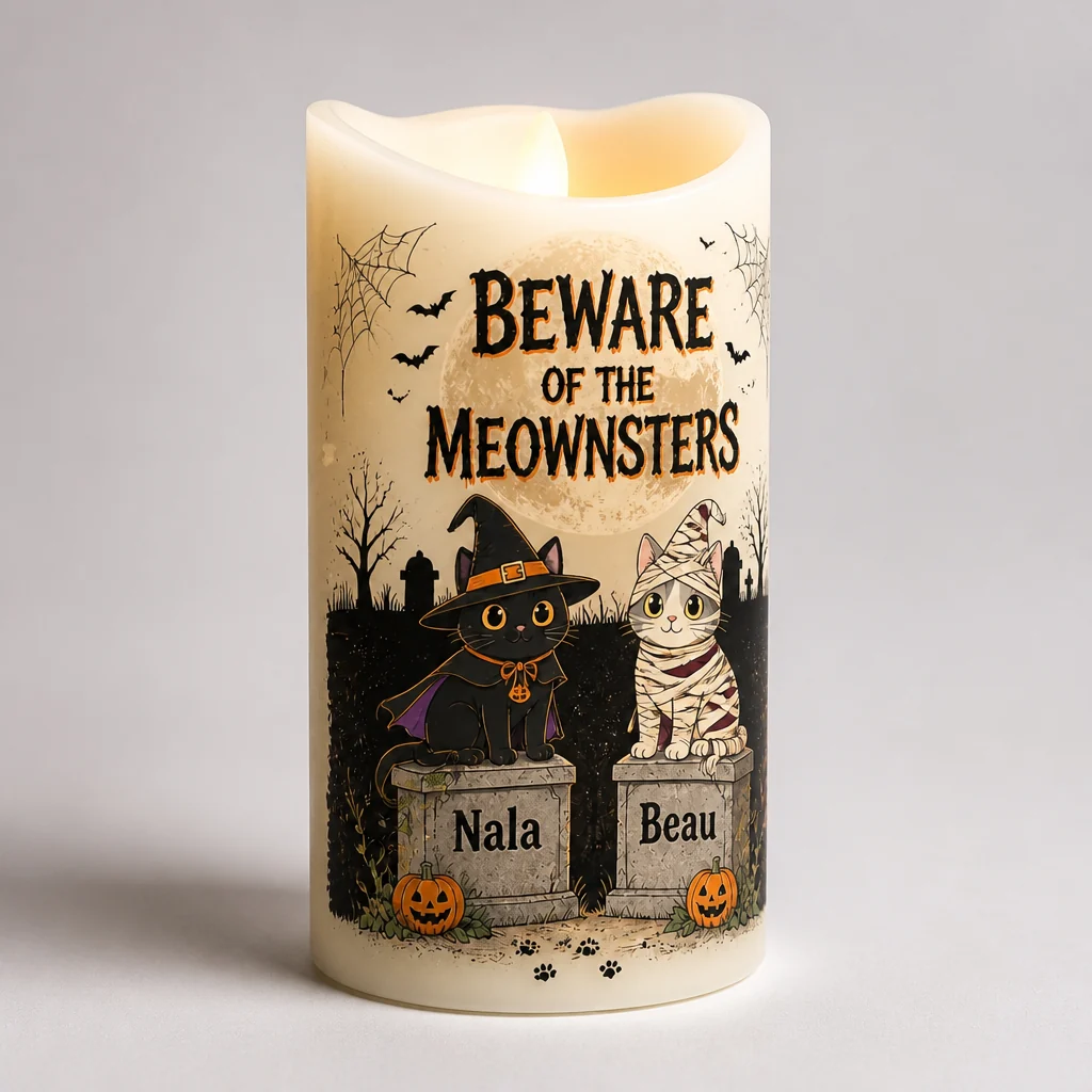 Halloween Personalized Cat LED Candle – Beware of the Meownsters, Custom Flameless Candle with 2 Cat Names (Copy)