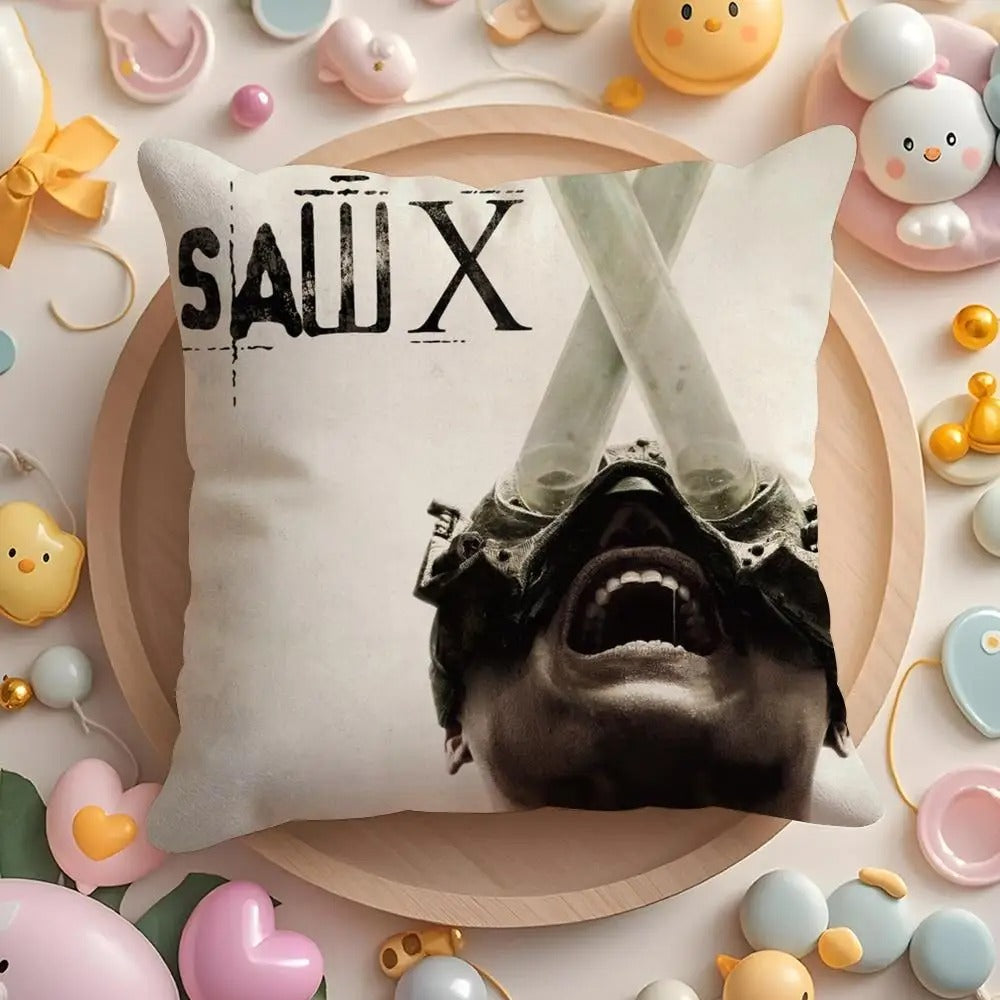 Horror Movie Plush Cushion Cover, S-Saw X Double-Sided Printed Throw Pillow Case, Soft Short Plush Winter Home Decor, Machine Washable Pillow Cover