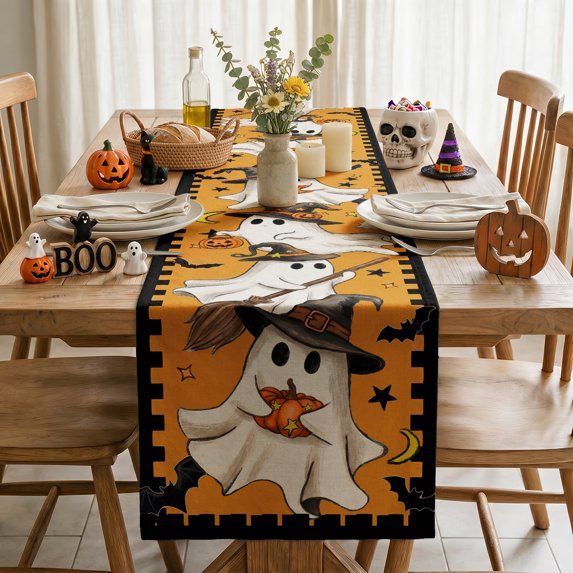 Halloween Table Runner Ghost Pumpkin, Halloween Party Kitchen Dining Indoor Outdoor Decorations,Orange