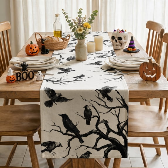 Smile Silhouette Tree Crows Halloween Table Runner