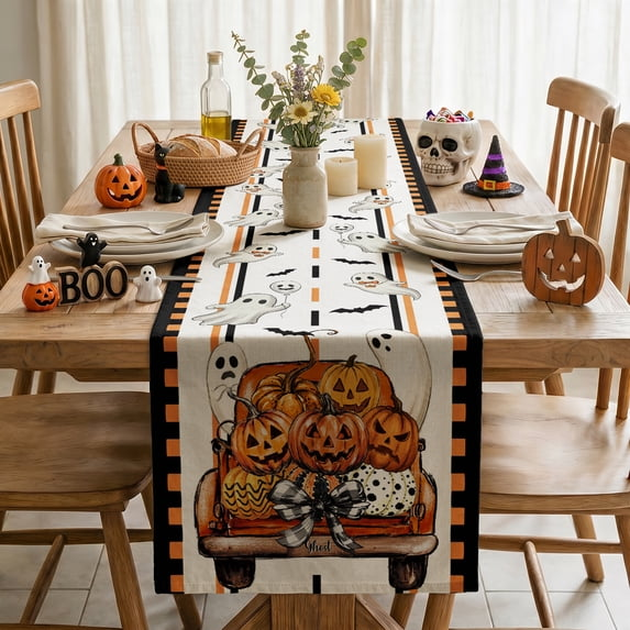 Ghost Truck Pumpkins Halloween Table Runner, Seasonal Fall Kitchen Dining Table Decoration with Bats and Bows for Home Party Decor