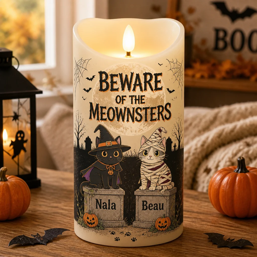 Halloween Personalized Cat LED Candle – Beware of the Meownsters, Custom Flameless Candle with 2 Cat Names (Copy)