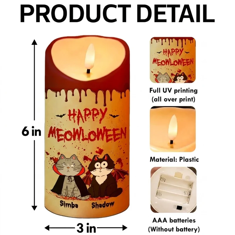 🎃 Personalized Halloween Cat Mom LED Candle – Happy Meowloween 🐱, Custom Flameless Candle, Cat Lover Gift 🎁
