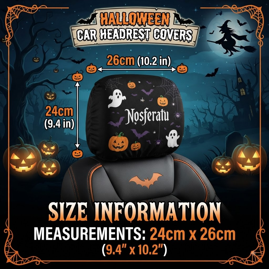 Creepy Jack O Lantern Car Headrest Cover (1pc), Scary Pumpkin Halloween Auto Seat Decor, Gothic Car Interior Accessory, Milk Silk Cover