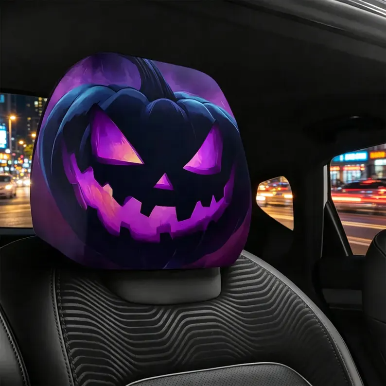 Creative Funny Pumpkin Skull Seat Headrest Protector (1pc), Novelty Car Decor Accessory