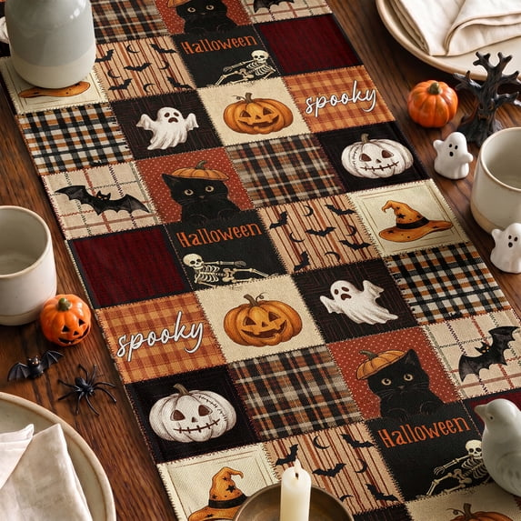 Patchwork Ghost Pumpkin Black Cat Bat Skeleton Witch Hat Halloween Table Runner, Seasonal Ghost Kitchen Dining Table Decoration for Home Party Decor