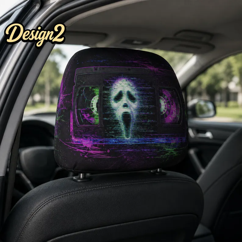 Cyberpunk Horror Car Headrest Cover (1pc), Neon Glitch Halloween Auto Decor, Ghost Face Pumpkin Skull Seat Cover