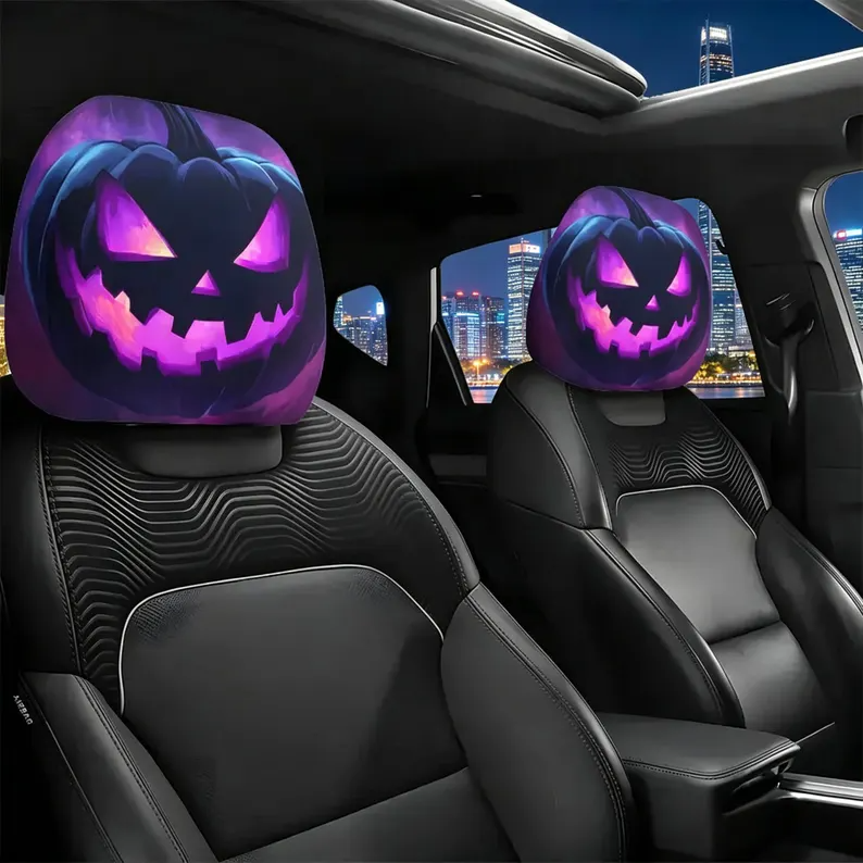 Creative Funny Pumpkin Skull Seat Headrest Protector (1pc), Novelty Car Decor Accessory