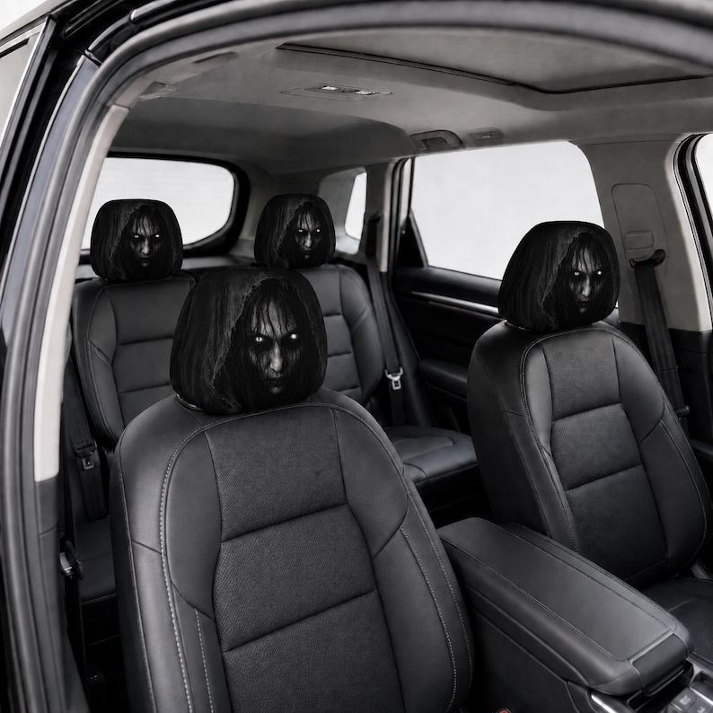 Creepy Horror Car Headrest Cover, Scary Ghost Face Seat Protector, Halloween Car Interior Decor, Gothic Auto Accessory, 1 Piece