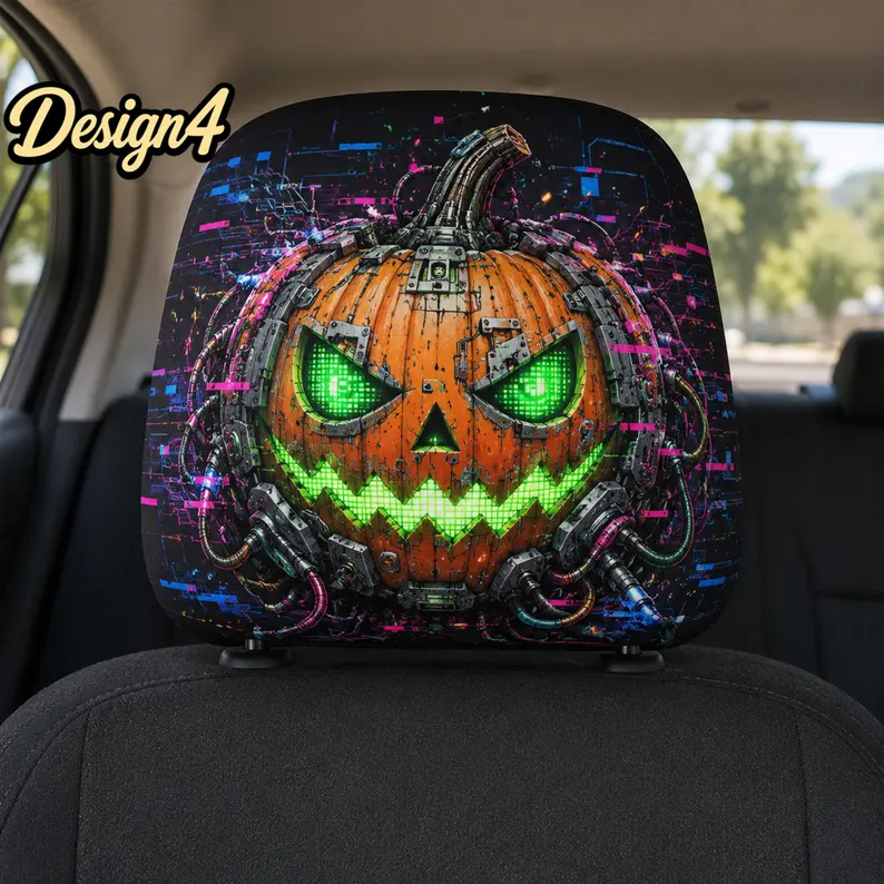 Cyberpunk Horror Car Headrest Cover (1pc), Neon Glitch Halloween Auto Decor, Ghost Face Pumpkin Skull Seat Cover