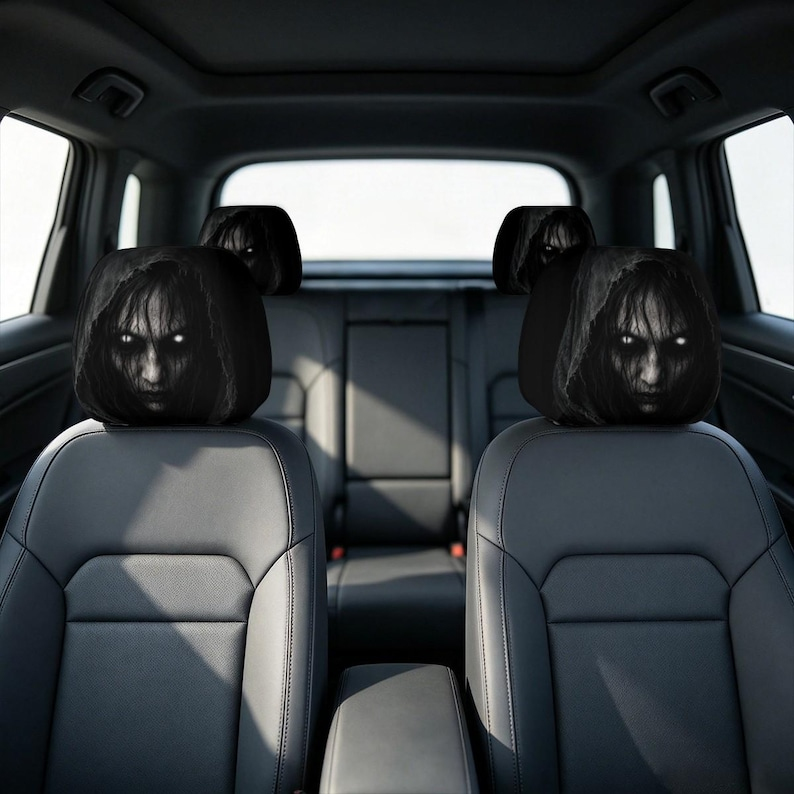 Creepy Horror Car Headrest Cover, Scary Ghost Face Seat Protector, Halloween Car Interior Decor, Gothic Auto Accessory, 1 Piece