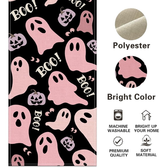 Halloween Cute Ghost Boo Dining Table Runner, Pink Spooky Bat Burlap Kitchen Decoration, Funny Pastel Indoor Outdoor Home Decor Party Supply