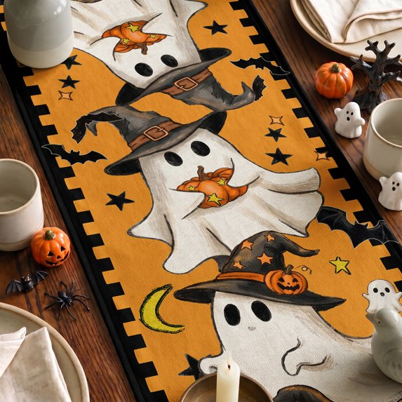 Halloween Table Runner Ghost Pumpkin, Halloween Party Kitchen Dining Indoor Outdoor Decorations,Orange