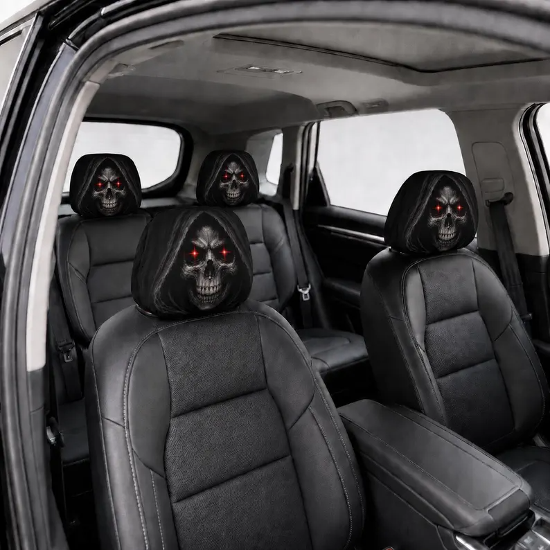 Grim Reaper Skull Car Headrest Cover, Red Eyes Horror Auto Seat Decor (1pc), Gothic Halloween Car Interior Accessory, Headrest Protector