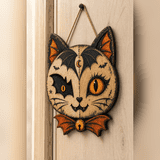 Wooden Sign Hanger Bat Wing Cat Wooden Front Door Decor for Halloween Gothic Home