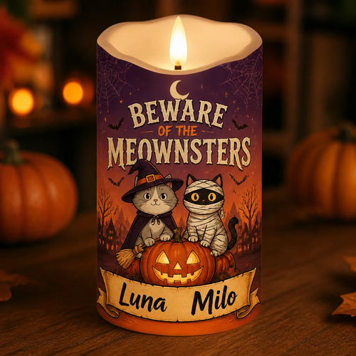 Beware of the Meownsters Personalized Cat Names LED Flameless Candle - Personalized Custom Led Flameless Candle