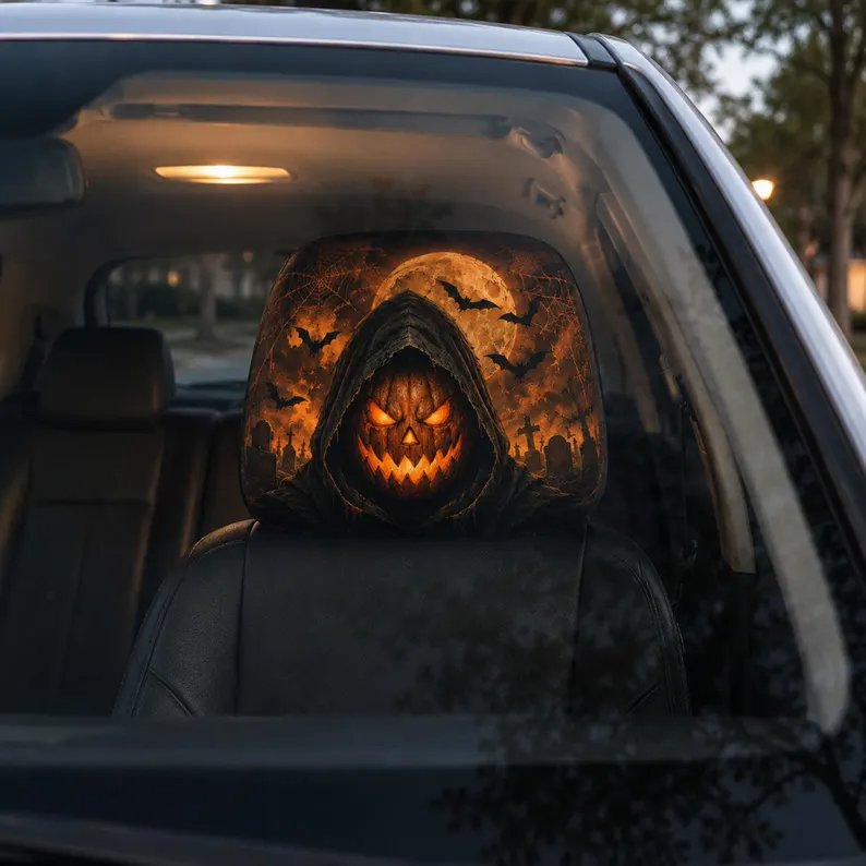 Gothic Halloween Headrest Cover (1pc), Vintage Witch Pumpkin Skeleton Car Decor, Spooky Black Cat Auto Accessory