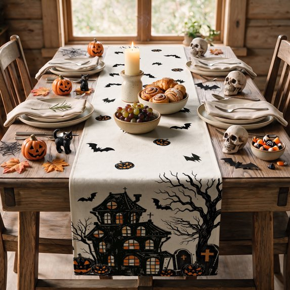 Black Halloween Table Runner with Castle Tree and Witch Pattern, Kitchen Dining Table Decoration for Home Party Decor