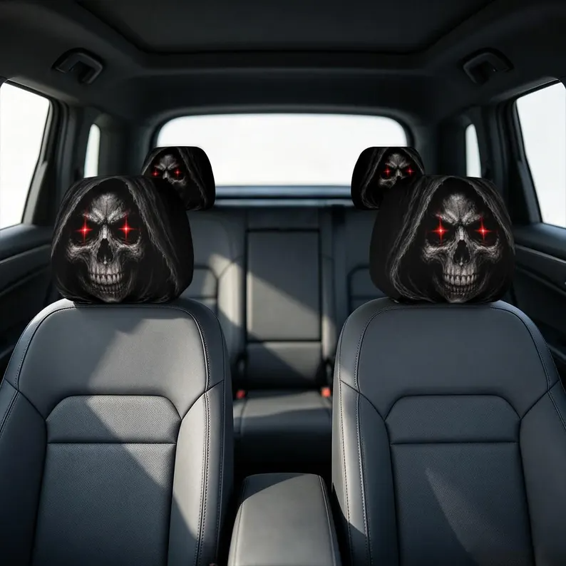 Grim Reaper Skull Car Headrest Cover, Red Eyes Horror Auto Seat Decor (1pc), Gothic Halloween Car Interior Accessory, Headrest Protector
