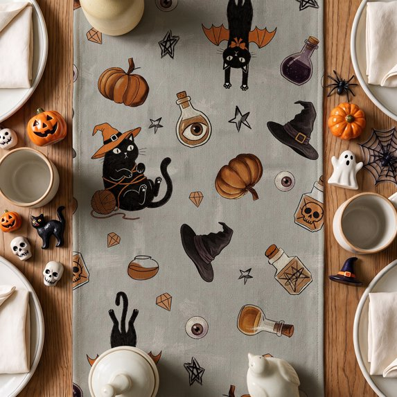 Black Cat Yarn Ball Witch Hat Potion Pumpkin Halloween Table Runner, Seasonal Fall Kitchen Dining Table Decoration for Home Party Decor