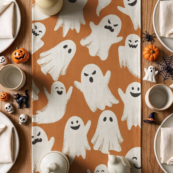 White Ghost Halloween Table Runner, Seasonal Fall Kitchen Dining Table Decoration for Home Party Decor, Orange