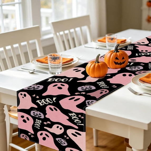 Halloween Cute Ghost Boo Dining Table Runner, Pink Spooky Bat Burlap Kitchen Decoration, Funny Pastel Indoor Outdoor Home Decor Party Supply