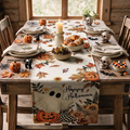 Ghost Pumpkins Maple Leaves Halloween Table Runner, Seasonal Fall Kitchen Dining Table Decoration for Home Party Decor