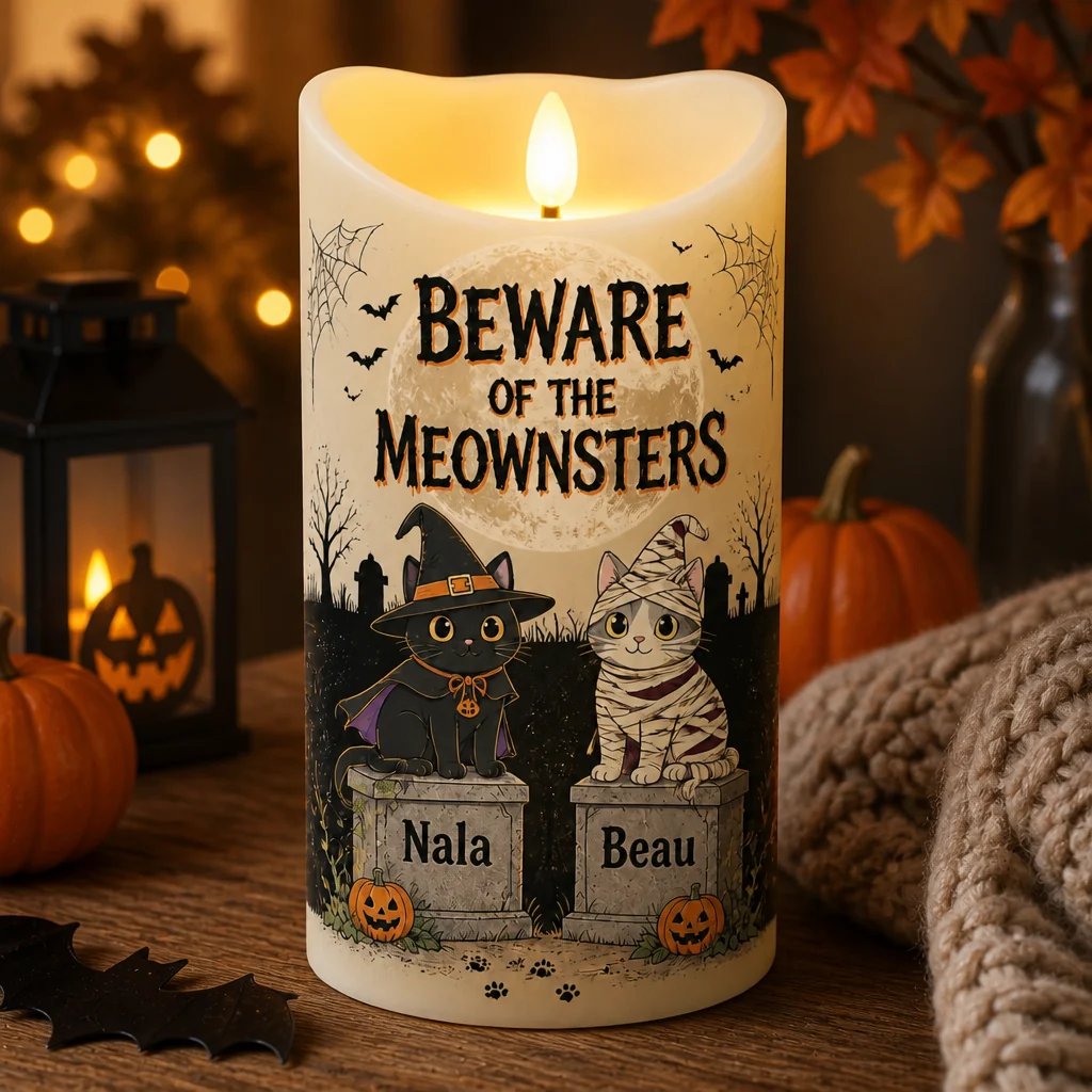 Halloween Personalized Cat LED Candle – Beware of the Meownsters, Custom Flameless Candle with 2 Cat Names (Copy)