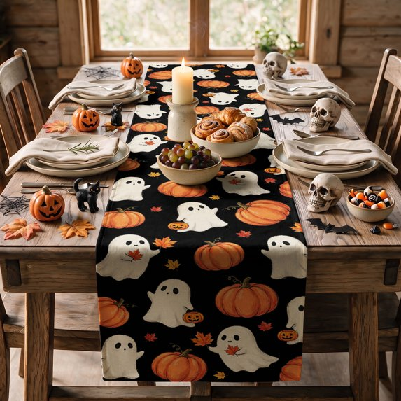 Ghost Pumpkins Maple Leaves Halloween Table Runner, Halloween Fall Party Kitchen Dining Indoor Outdoor Decorations