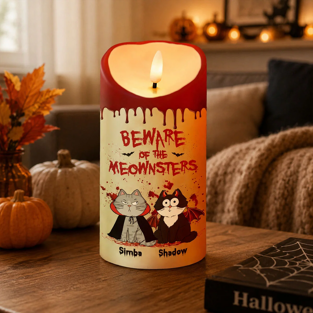 🐱🎃 Cat Mom Happy Meowloween Blood Drip Personalized LED Candle 🩸🕯️