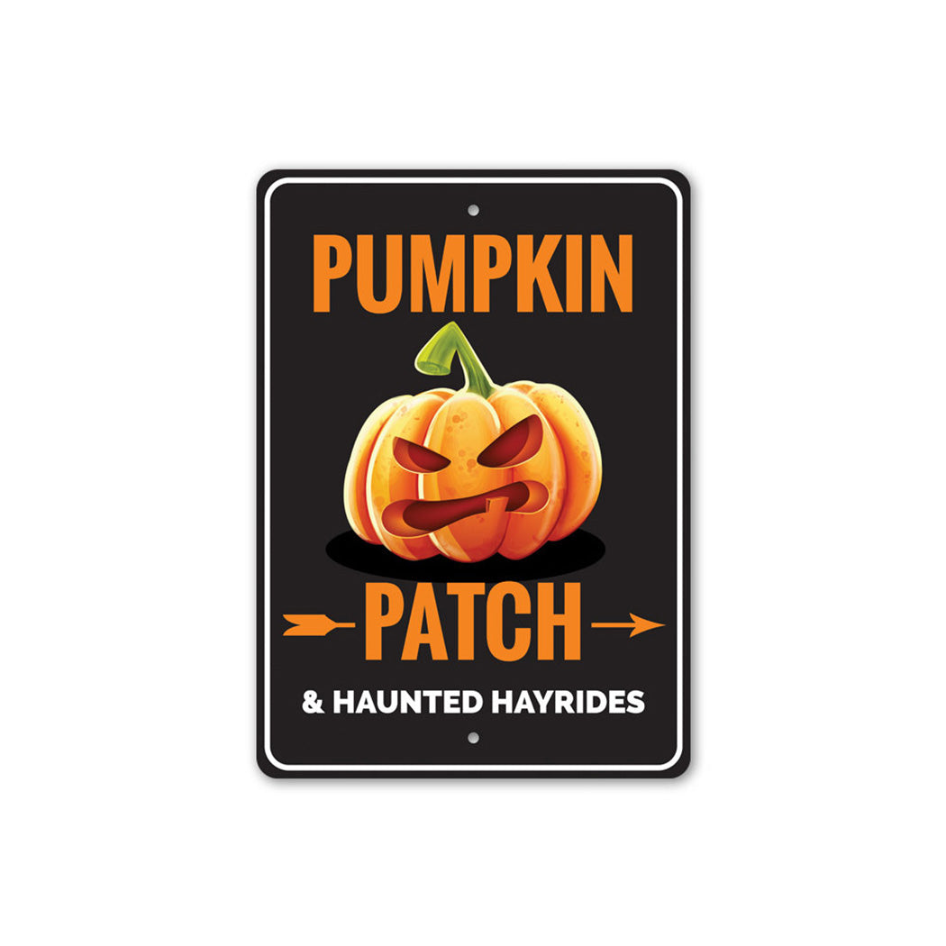 Pumpkin Patch Haunted Hayrides Metal Sign, Angry Pumpkin Halloween Wall Decor, Vintage Spooky Farm Sign, Fall Porch Decor, Haunted Attraction Gift