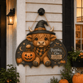 Door Hanger Highland Cow Halloween Wooden Front Porch Sign for Farmhouse Entryway