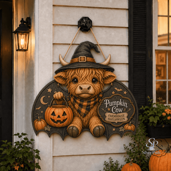 Door Hanger Highland Cow Halloween Wooden Front Porch Sign for Farmhouse Entryway
