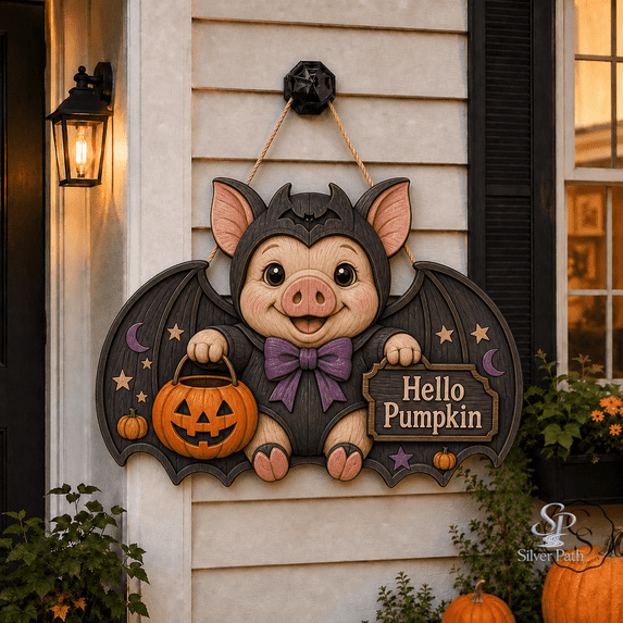 Door Hanger Pig Halloween Pumpkin Wooden Front Door Sign for Porch Decor Pig Lovers