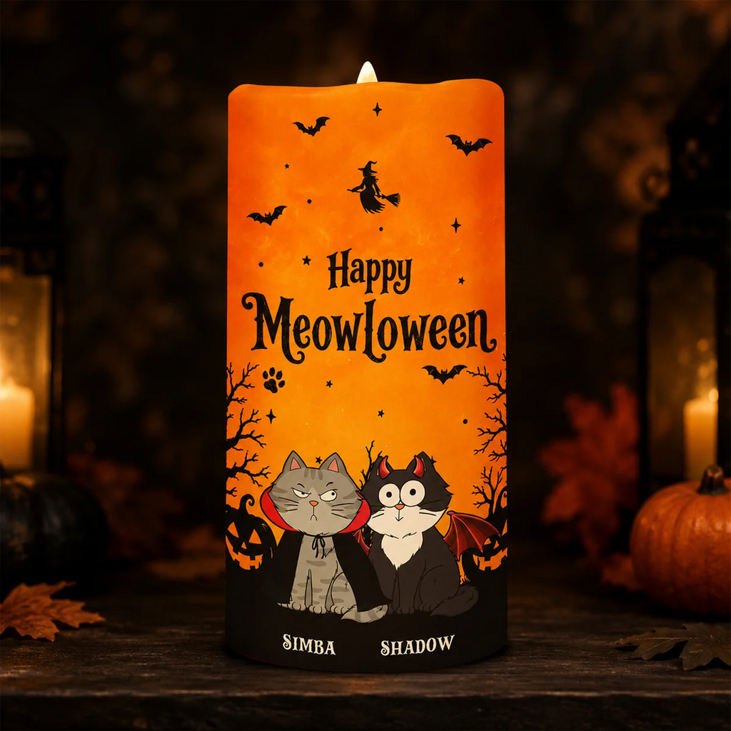🐱 Cat Mom Happy Meowloween - Personalized LED Candle - Purrfect Halloween Decor for Cat Lover
