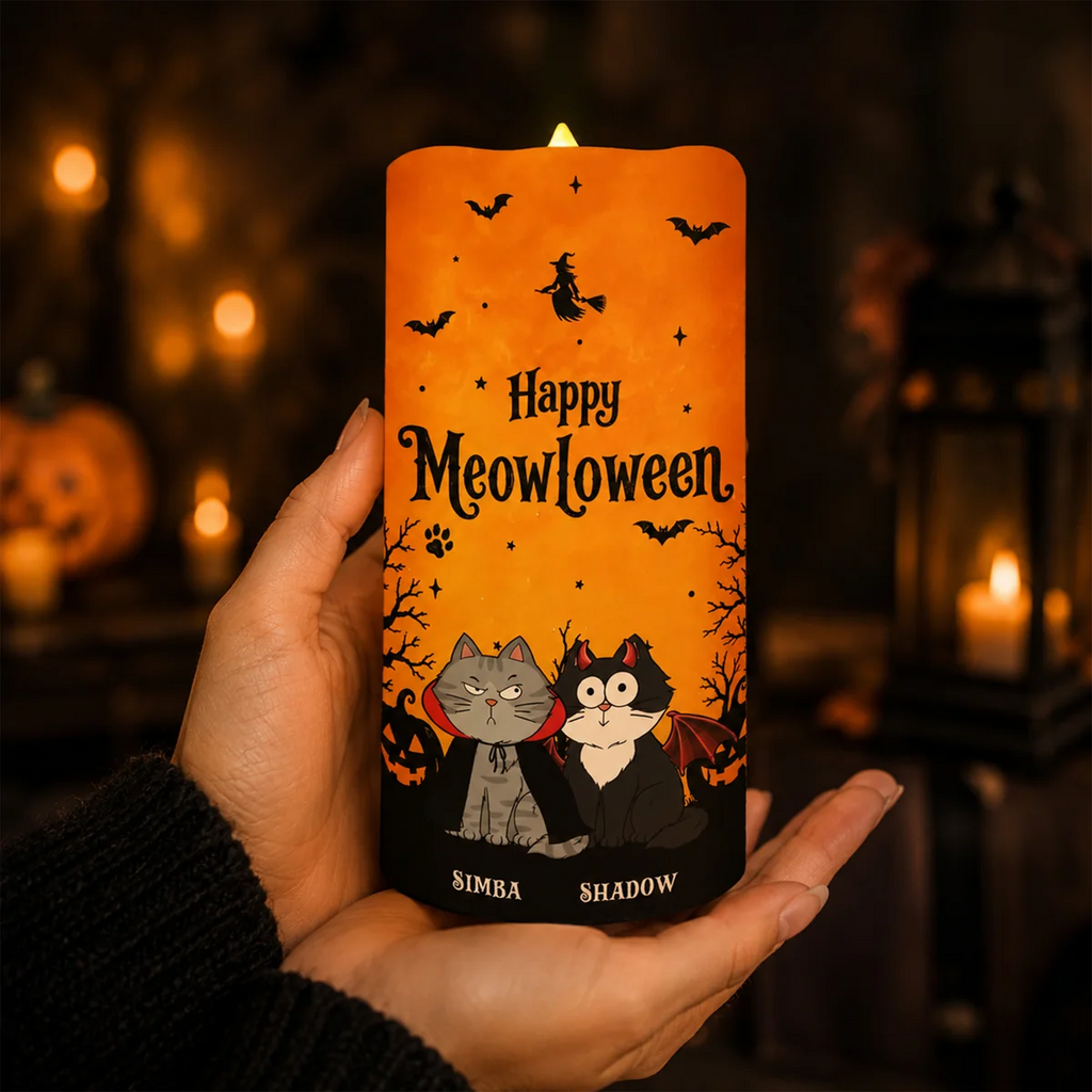 🐱 Cat Mom Happy Meowloween - Personalized LED Candle - Purrfect Halloween Decor for Cat Lover